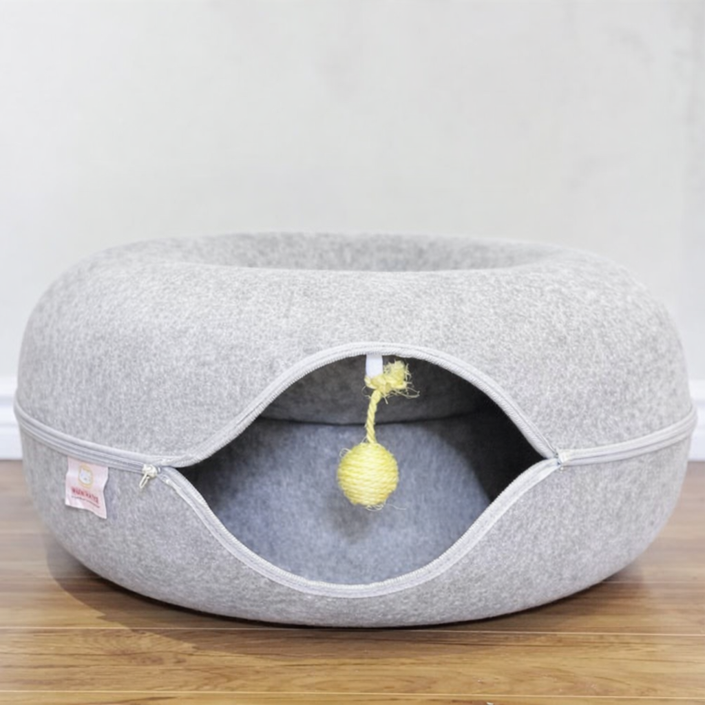 meowmates peekaboo cat tunnel bed with hanging ball toy light grey
