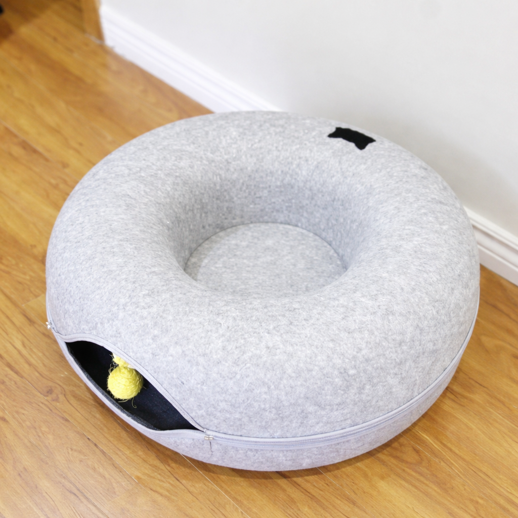 meowmates peekaboo cat tunnel bed with hanging ball toy light grey
