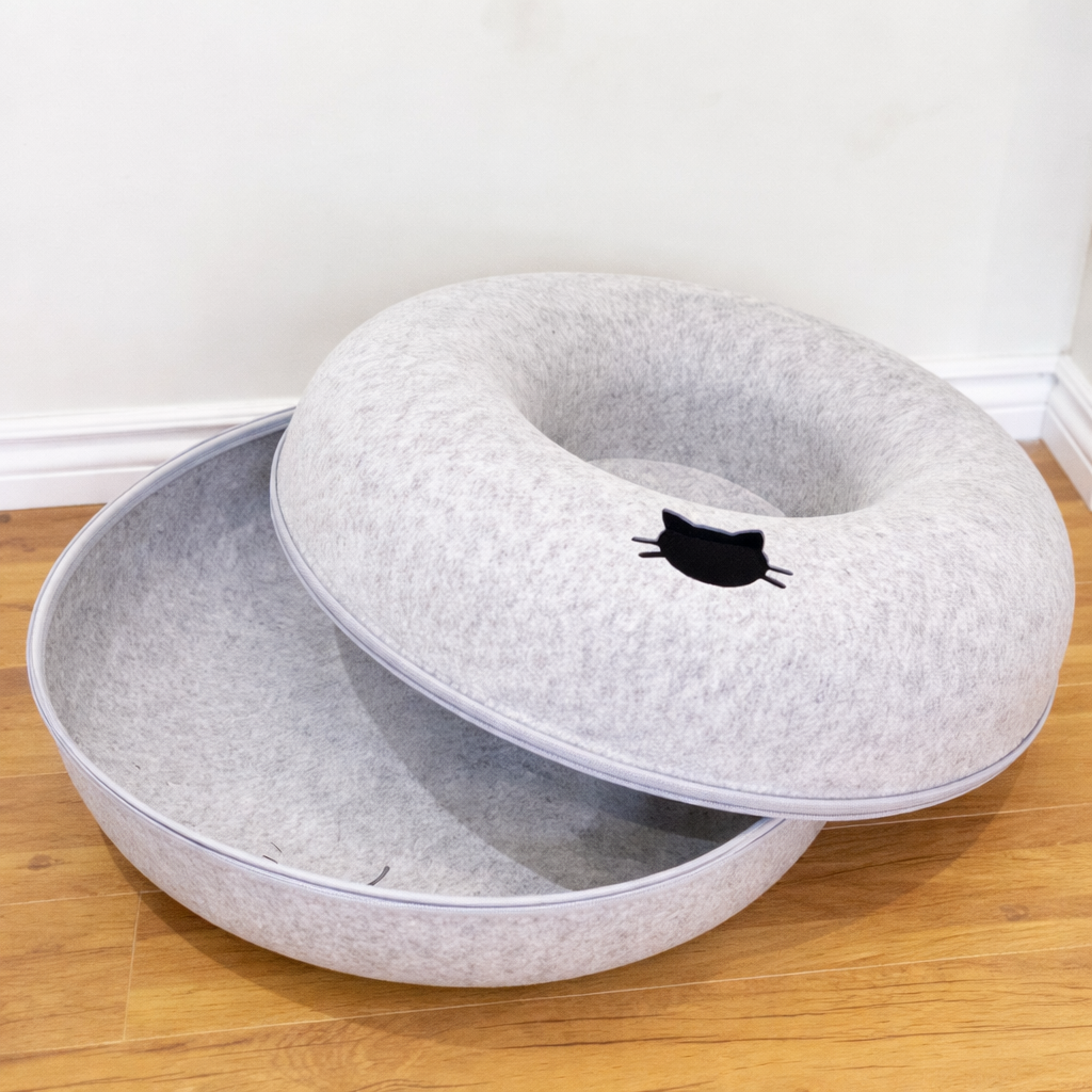 meowmates peekaboo cat tunnel bed with hanging ball toy light grey