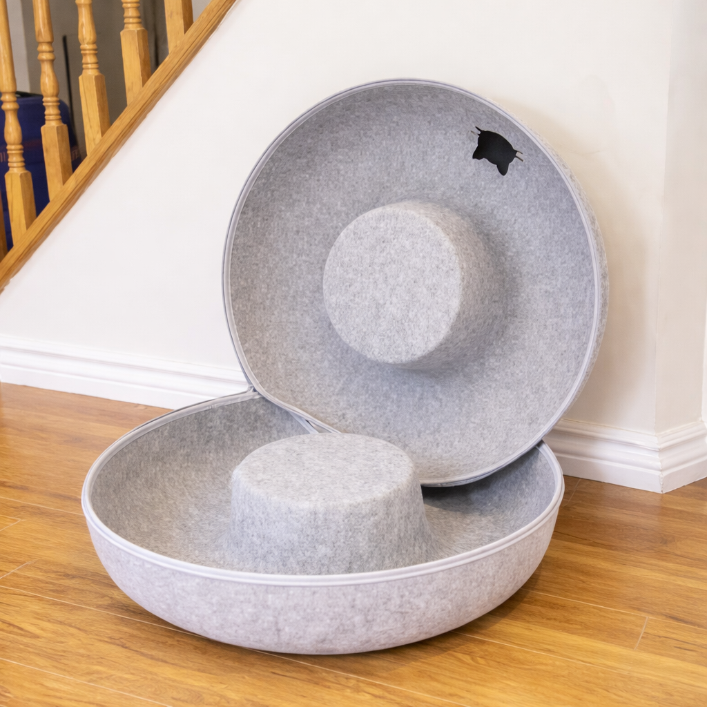 meowmates peekaboo cat tunnel bed with hanging ball toy light grey