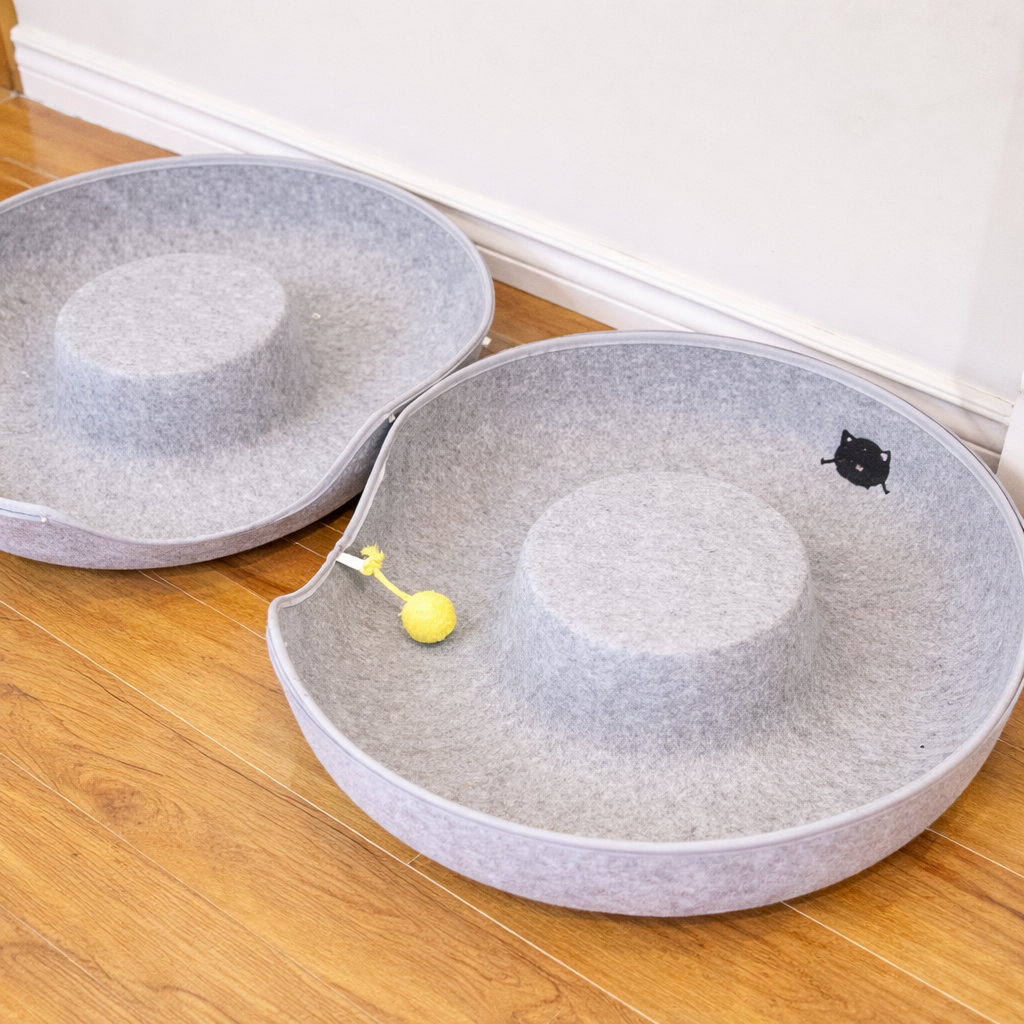 meowmates peekaboo cat tunnel bed with hanging ball toy light grey