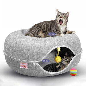 meowmates peekaboo cat tunnel bed with hanging ball toy light grey