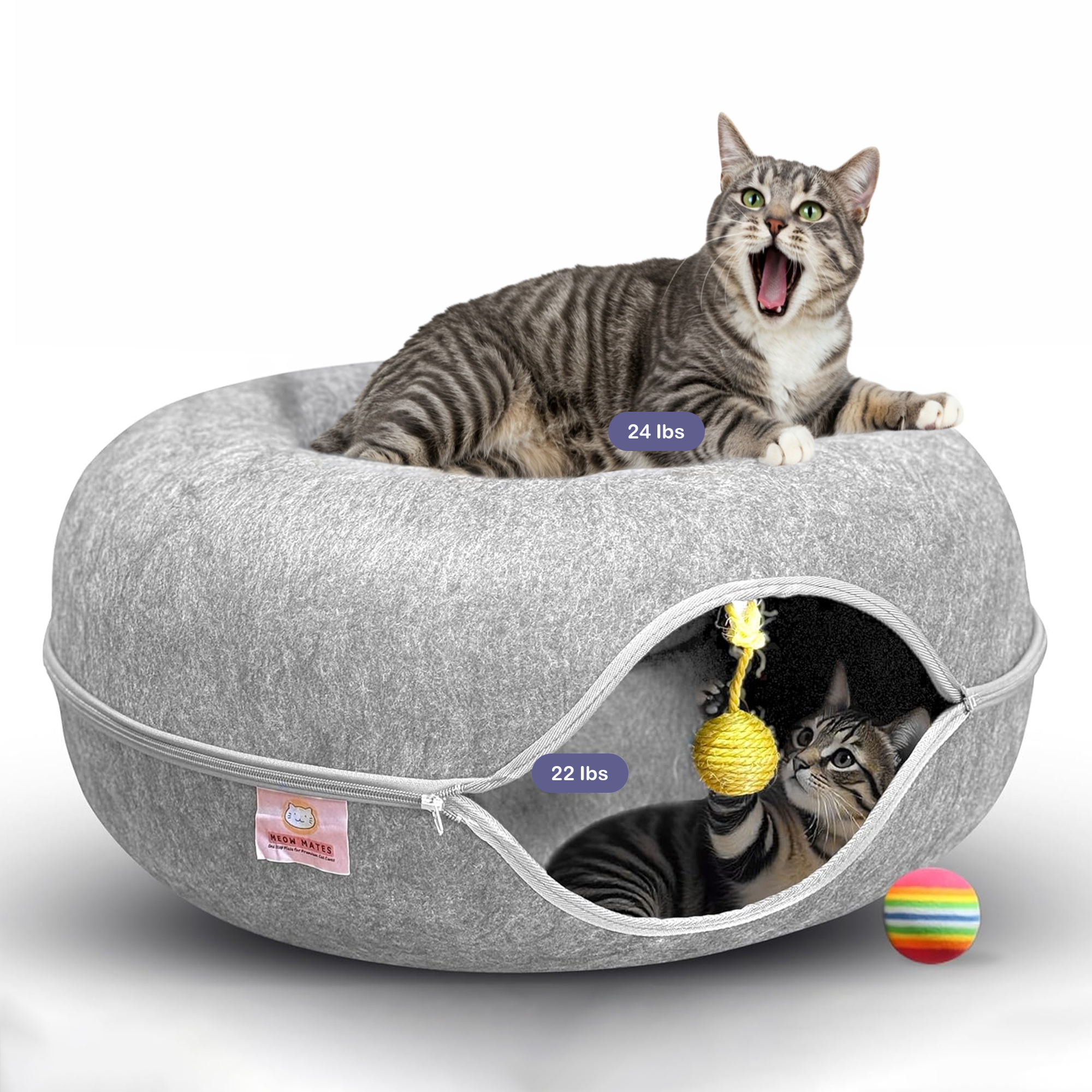meowmates peekaboo cat tunnel bed with hanging ball toy light grey