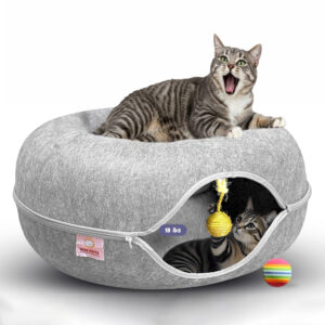 MEOWMATES Peekaboo Cat Tunnel Bed with Hanging Ball Toy - Light Gray